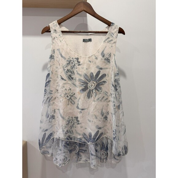 Bellina Tops - Bellina Womens S Blue Floral Silk Tiered Tunic Tank Top Blouse Flowers Italy